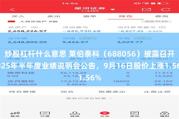 炒股杠杆什么意思 莱伯泰科（688056）披露召开2025年半年度业绩说明会公告，9月16日股价上涨1.56%